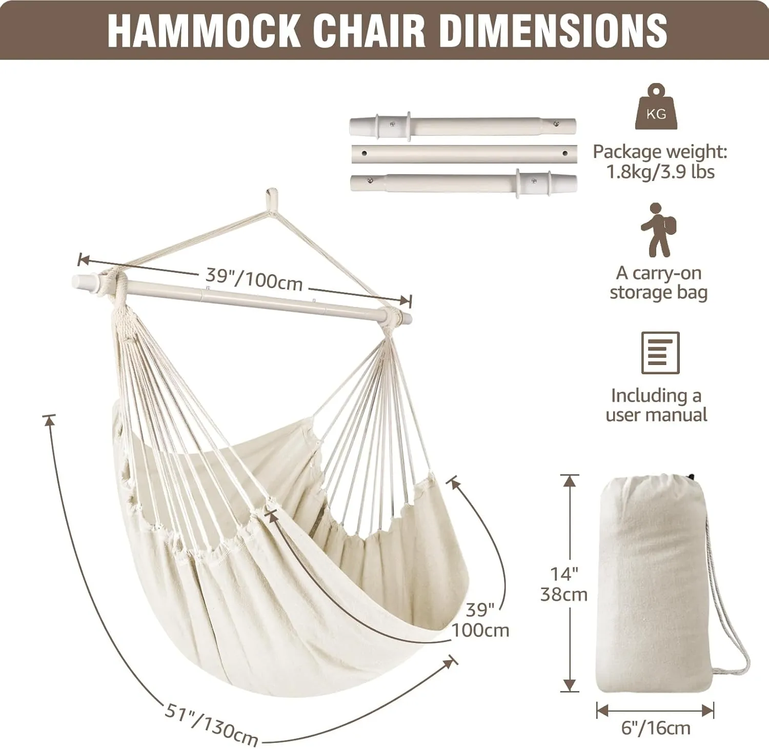 Chihee Hammock Chair Swing - Strong Metal, Collapsible, Spreader Bar, Portable, Max 500 lbs, Comfy Seat, Patio & Lawn, Cotton Blended for Superior Comfort & Durability, Indoor & Outdoor
