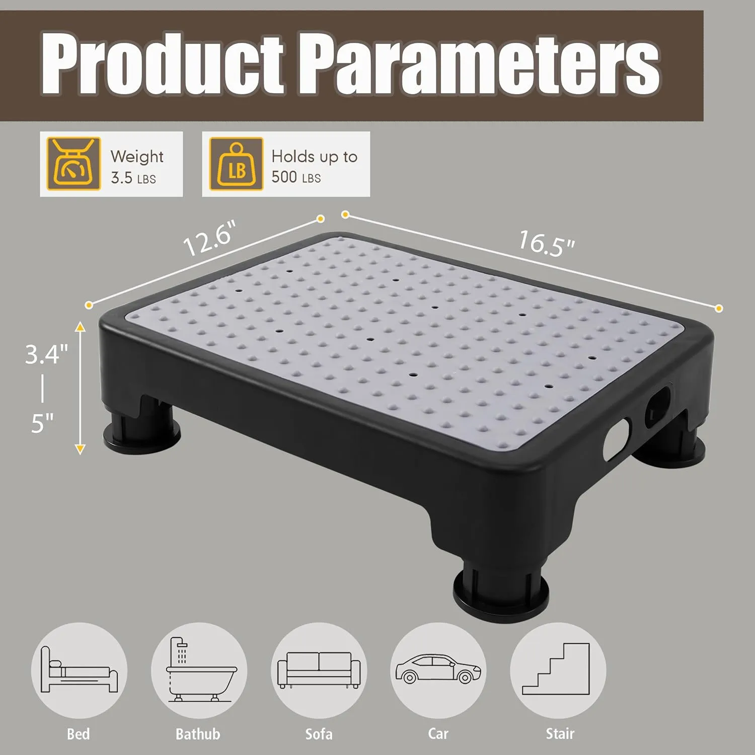 CHIKILLA Adjustable Step Stool for Adults Kids and Senior, Non-slip Step Platform Indoor and Outdoor for Pregnant Woman, Portable Stair Assist for Kitchen, Car, Bedside and Shower, Black-Gray, 3.4-5In