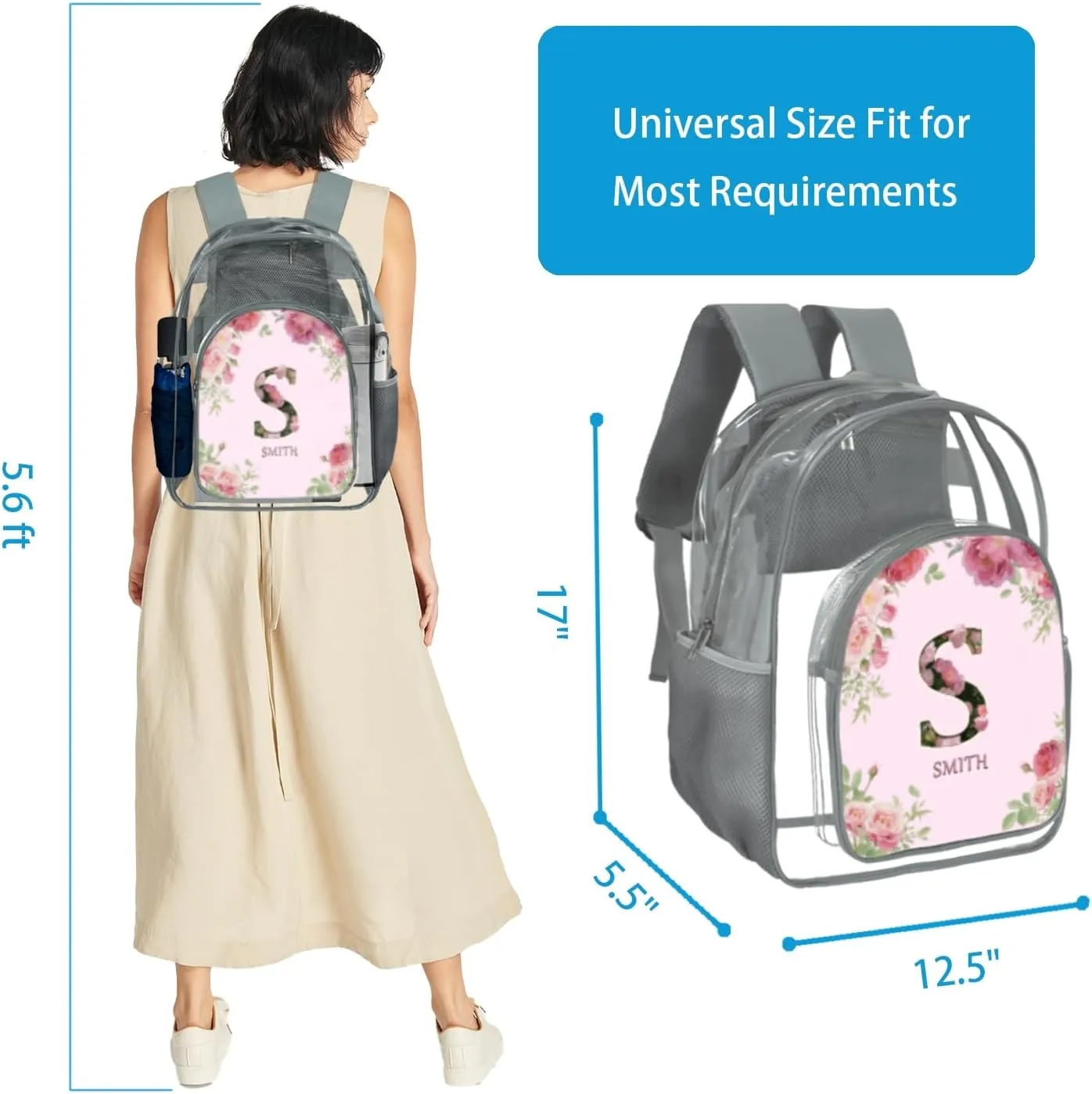 Clear Backpack for Teens & Girls - 17 Inches Flower Transparent TPU Large Bookbag with Monogram Customization - Heavy Duty Backpacks for Concerts, Airport, School, Travel, Gym (Grey)
