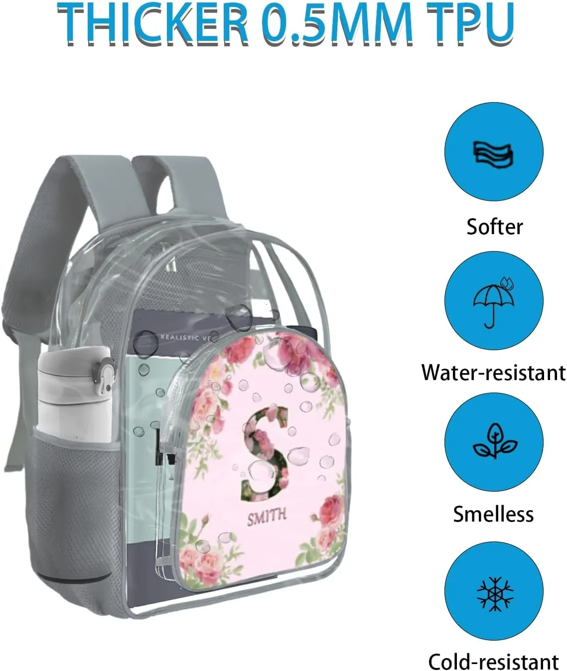 Clear Backpack for Teens & Girls - 17 Inches Flower Transparent TPU Large Bookbag with Monogram Customization - Heavy Duty Backpacks for Concerts, Airport, School, Travel, Gym (Grey)