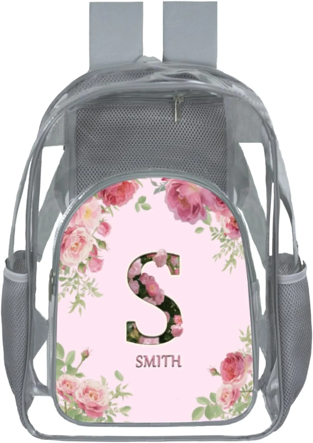 Clear Backpack for Teens & Girls - 17 Inches Flower Transparent TPU Large Bookbag with Monogram Customization - Heavy Duty Backpacks for Concerts, Airport, School, Travel, Gym (Grey)
