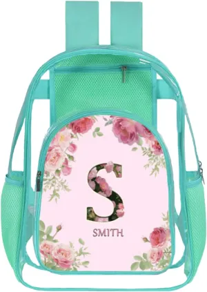 Clear Backpack for Teens & Girls - 17 Inches Flower Transparent TPU Large Bookbag with Monogram Customization - Heavy Duty Backpacks for Concerts, Airport, School, Travel, Gym (Mint Green)