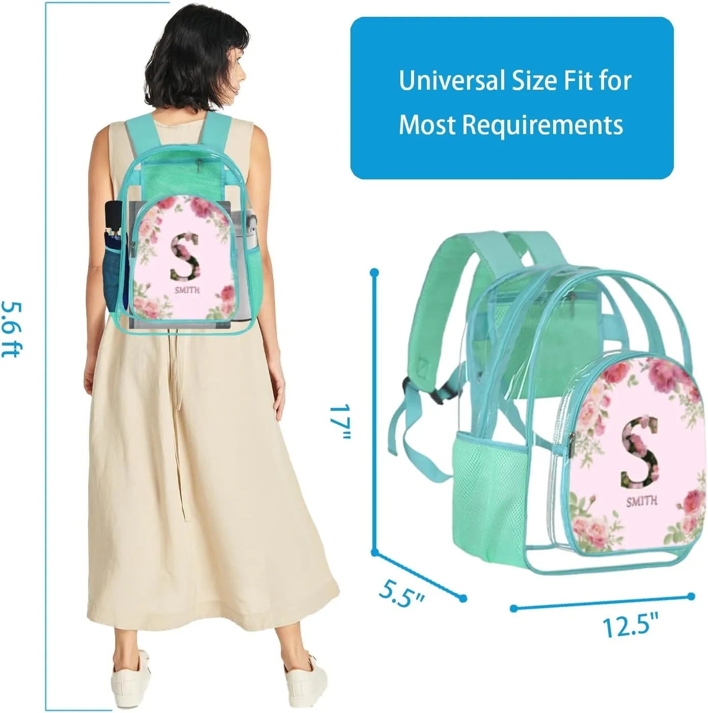 Clear Backpack for Teens & Girls - 17 Inches Flower Transparent TPU Large Bookbag with Monogram Customization - Heavy Duty Backpacks for Concerts, Airport, School, Travel, Gym (Mint Green)