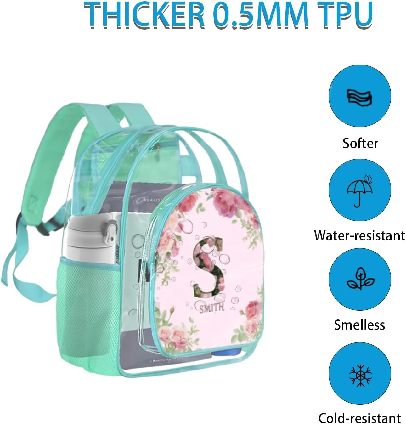 Clear Backpack for Teens & Girls - 17 Inches Flower Transparent TPU Large Bookbag with Monogram Customization - Heavy Duty Backpacks for Concerts, Airport, School, Travel, Gym (Mint Green)