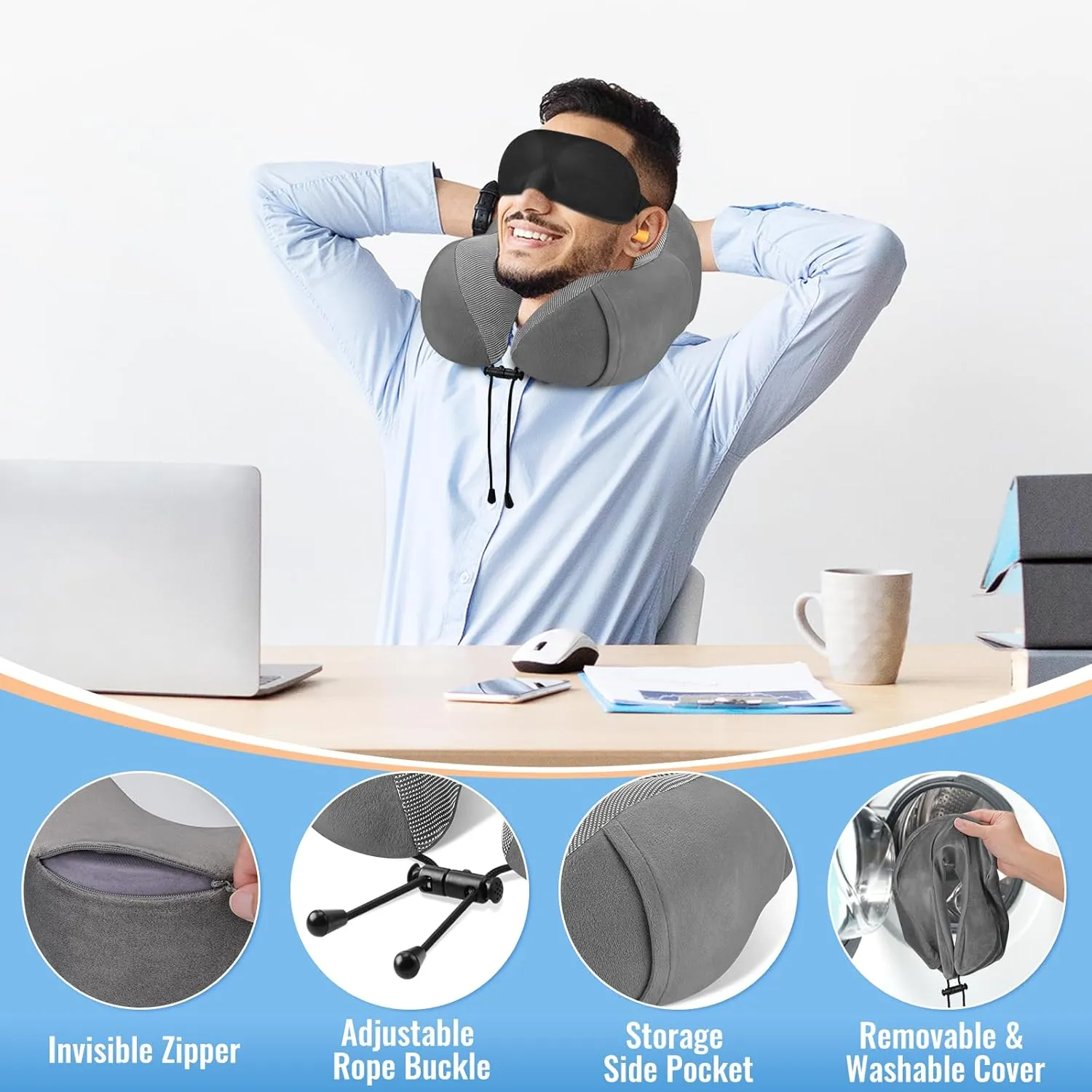CloudBliss Travel Pillow Premium Memory Foam, Comfortable & Supportive Neck Pillow, Neck Pillows for Sleeping Travel, Airplane Pillow for Sleeping Airplane, Car, Office and Home（Black & Dark Grey）