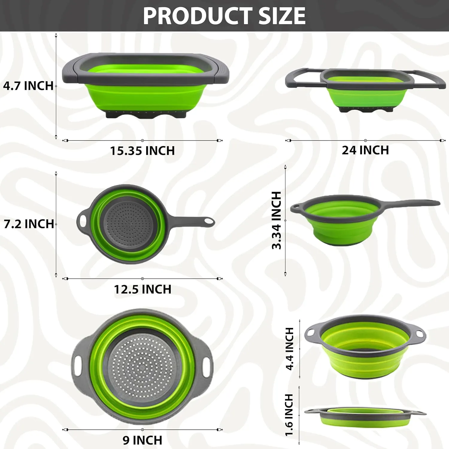 Collapsible Colander Set of 3 Designs - Over the Sink Strainer - Space Saving Colander for Kitchen - Pasta Strainer - Perfect for Draining Pasta, Vegetable, fruit and Travel Use