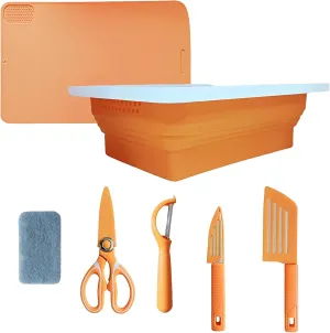Collapsible Cutting Board,Foldable Camping Sink Set of 7,Collapsible Dish Basin for Washing and Draining Veggies Fruits,Portable Sink for Kitchen and Camping,BBQ Prep Tub with Knife