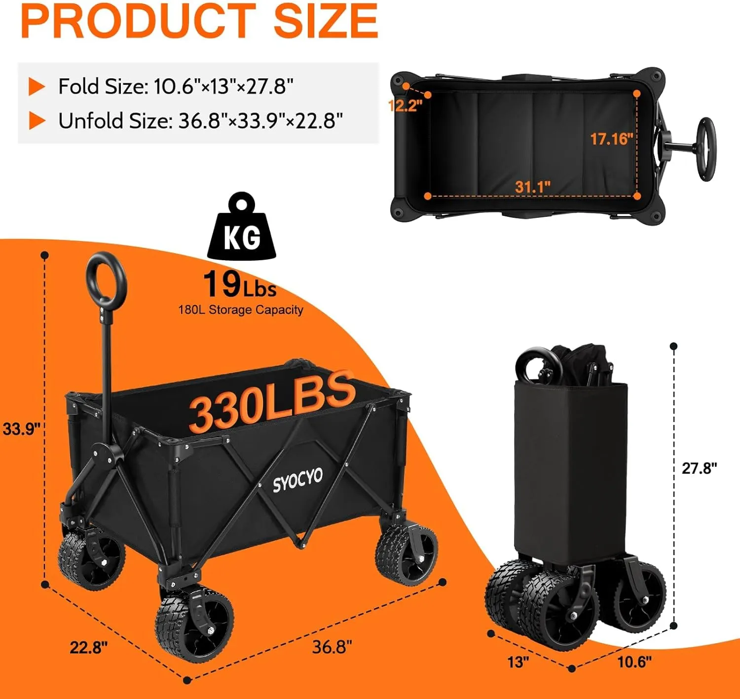 Collapsible Folding Wagon Cart, Heavy Duty Wagon Foldable with 330lbs Weight Capacity, Utility Garden Cart, Beach Wagons with All-Terrain Wheels for Camping, Sports, Shopping, Black