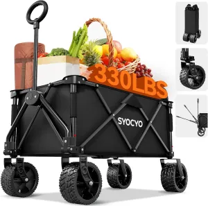 Collapsible Folding Wagon Cart, Heavy Duty Wagon Foldable with 330lbs Weight Capacity, Utility Garden Cart, Beach Wagons with All-Terrain Wheels for Camping, Sports, Shopping, Black