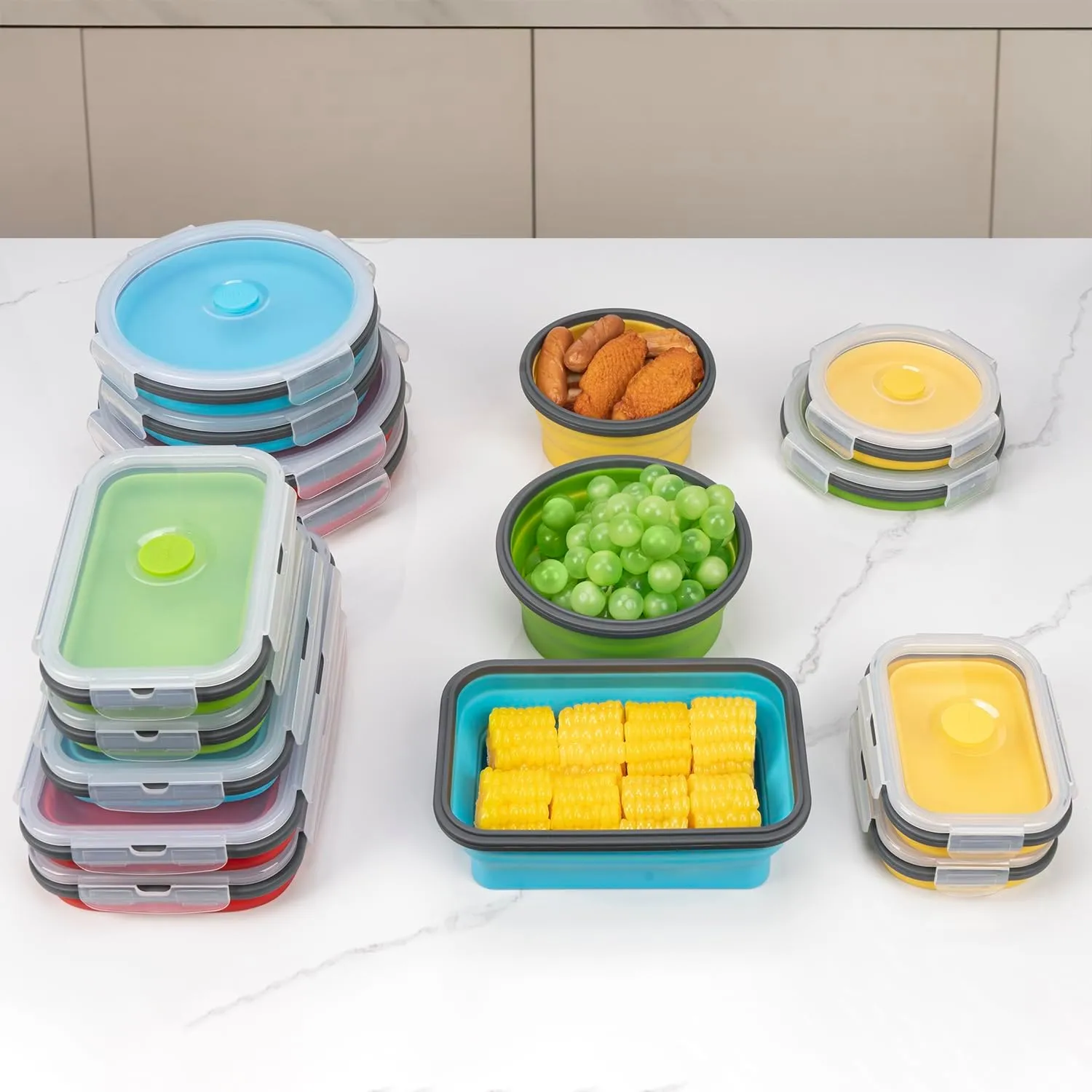 Collapsible Food Storage Containers with Lid & Air Vent, 16 Pack, 8 Rectangular   8 Round, Annaklin Foldable Silicone Lunch Containers Collapsible Bowls Set, Microwave Freezer Dishwasher Safe, 4-Color
