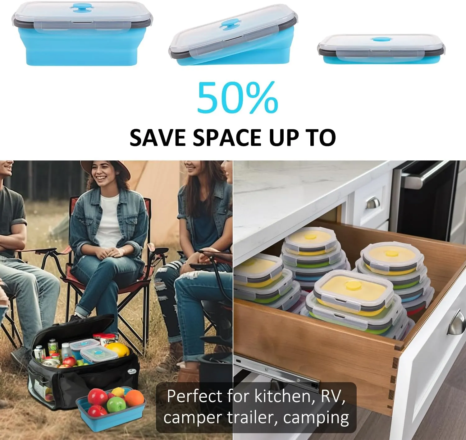 Collapsible Food Storage Containers with Lid & Air Vent, 16 Pack, 8 Rectangular   8 Round, Annaklin Foldable Silicone Lunch Containers Collapsible Bowls Set, Microwave Freezer Dishwasher Safe, 4-Color