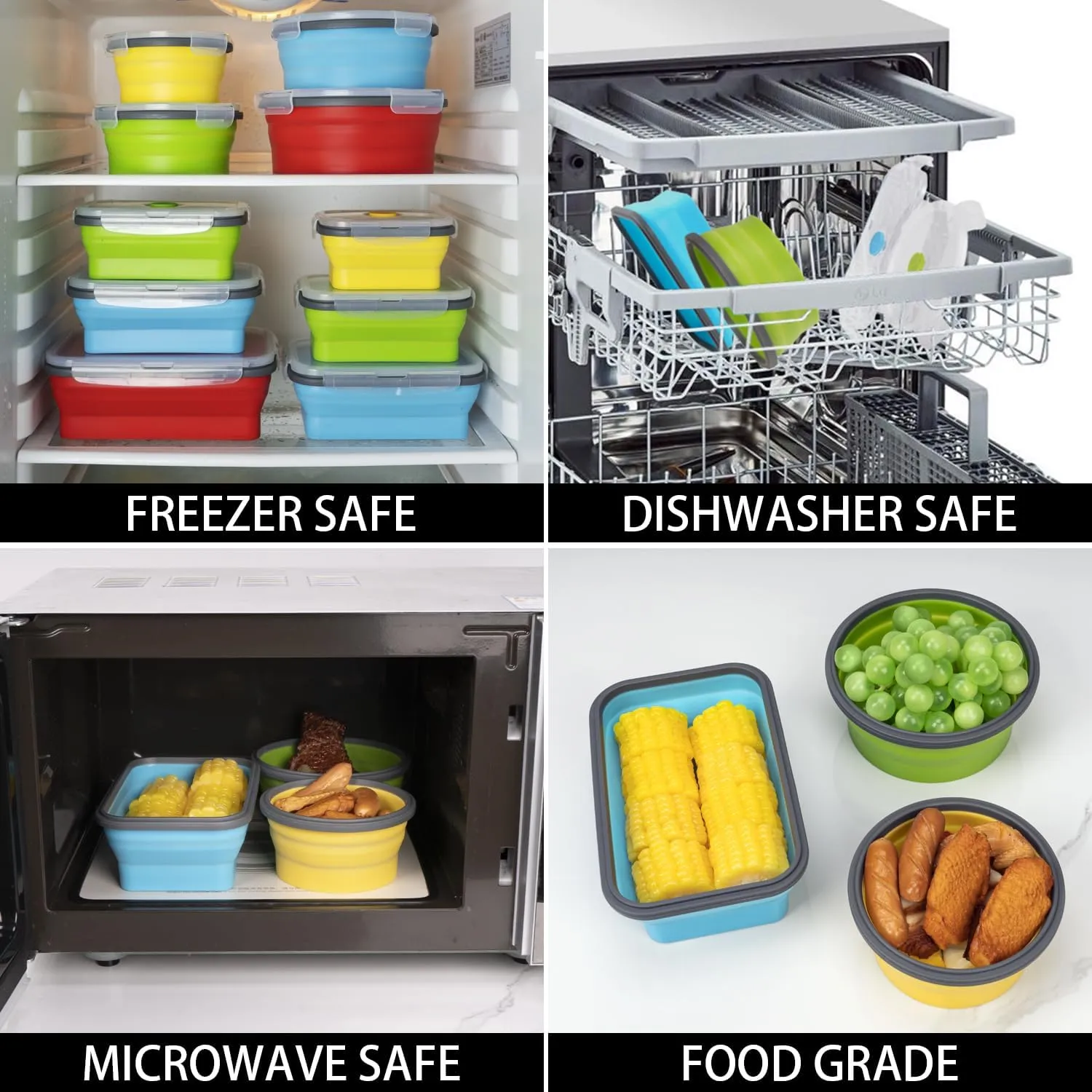 Collapsible Food Storage Containers with Lid & Air Vent, 16 Pack, 8 Rectangular   8 Round, Annaklin Foldable Silicone Lunch Containers Collapsible Bowls Set, Microwave Freezer Dishwasher Safe, 4-Color