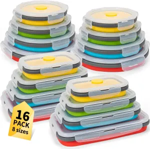 Collapsible Food Storage Containers with Lid & Air Vent, 16 Pack, 8 Rectangular   8 Round, Annaklin Foldable Silicone Lunch Containers Collapsible Bowls Set, Microwave Freezer Dishwasher Safe, 4-Color
