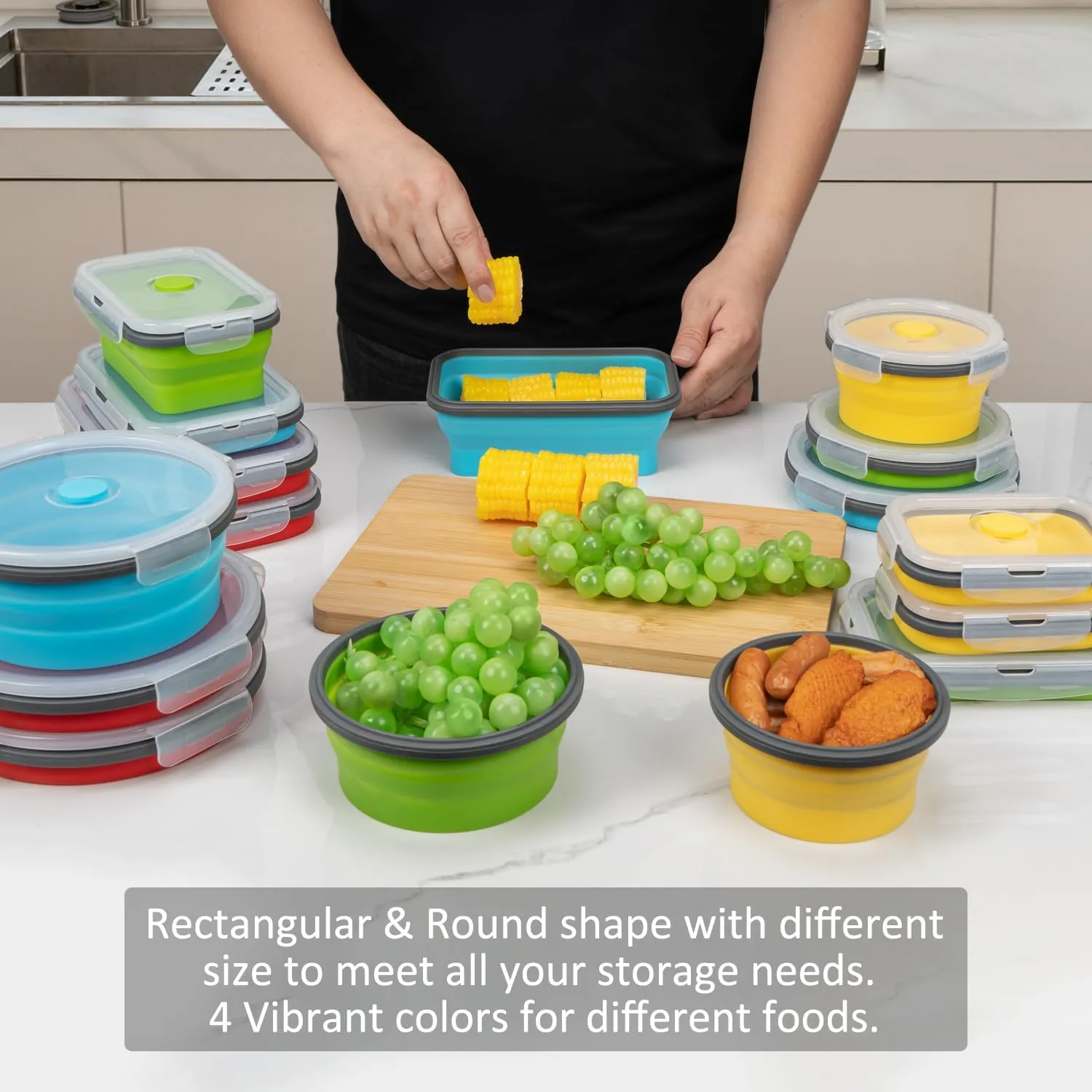 Collapsible Food Storage Containers with Lid & Air Vent, 16 Pack, 8 Rectangular   8 Round, Annaklin Foldable Silicone Lunch Containers Collapsible Bowls Set, Microwave Freezer Dishwasher Safe, 4-Color