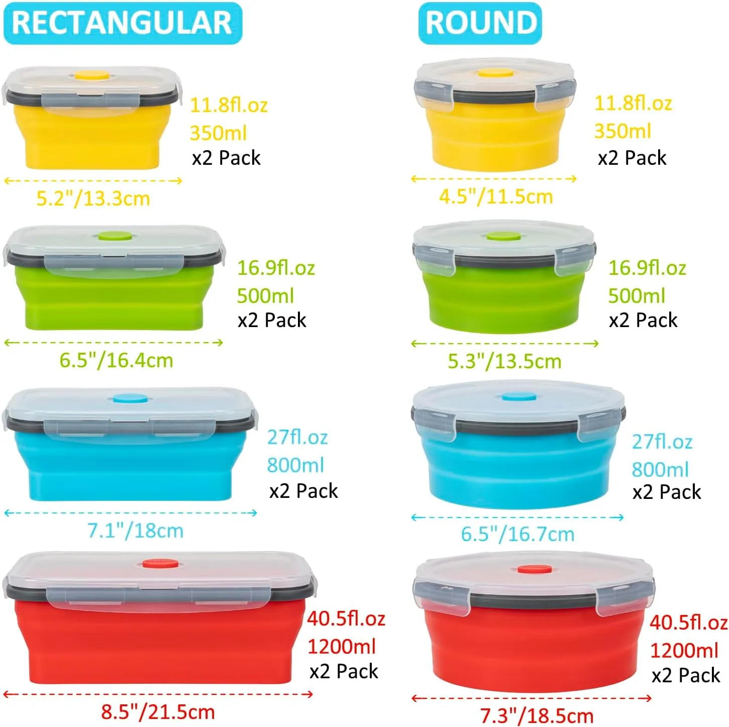 Collapsible Food Storage Containers with Lid & Air Vent, 16 Pack, 8 Rectangular   8 Round, Annaklin Foldable Silicone Lunch Containers Collapsible Bowls Set, Microwave Freezer Dishwasher Safe, 4-Color