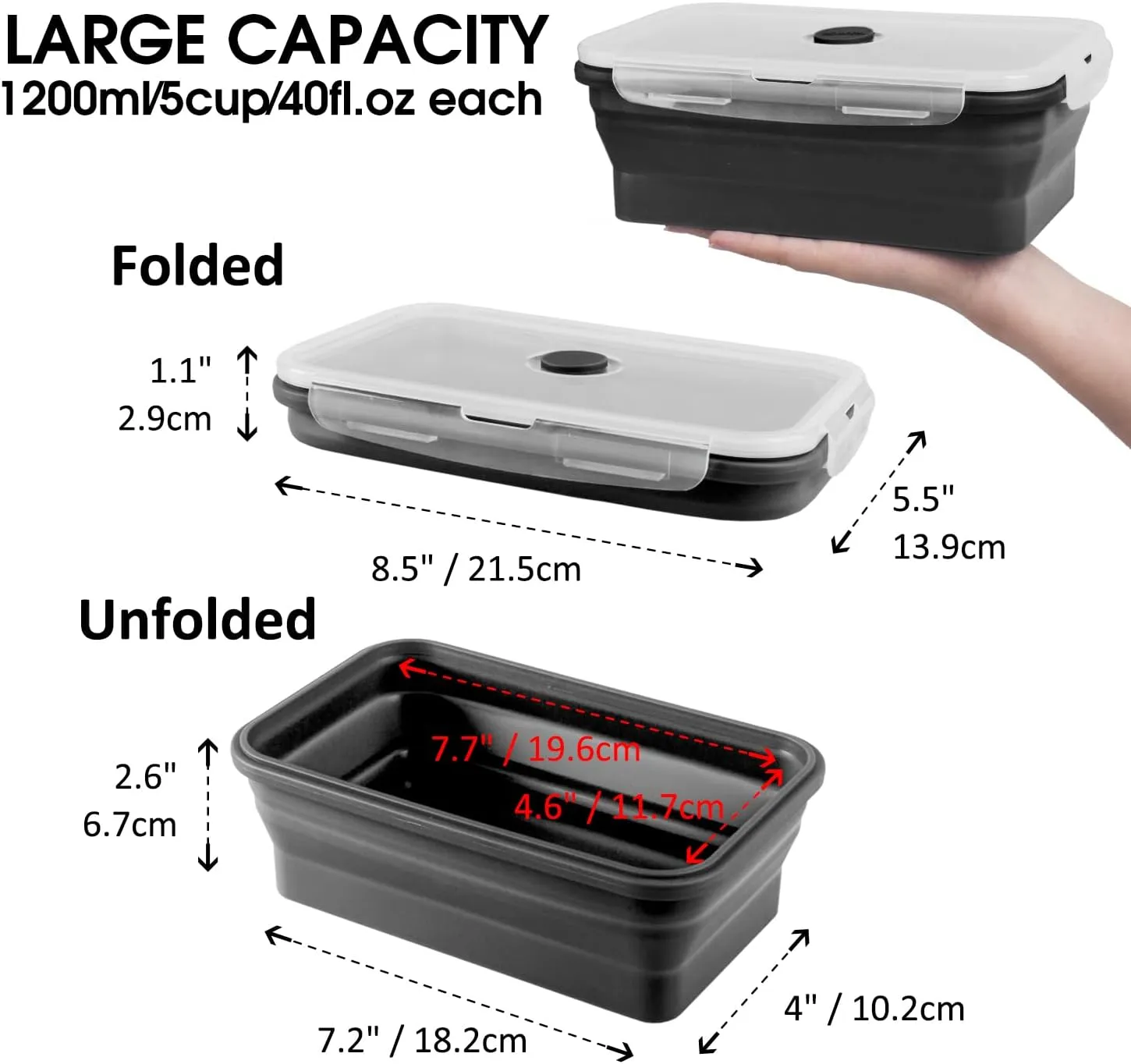 Collapsible Food Storage Containers with Lids, 4 Pack, 40 oz Silicone 1-Compartment Meal Prep Containers Reusable, Lunch Bento Boxes for Adults, Microwave Freezer Dishwasher Safe, BPA-Free, Black