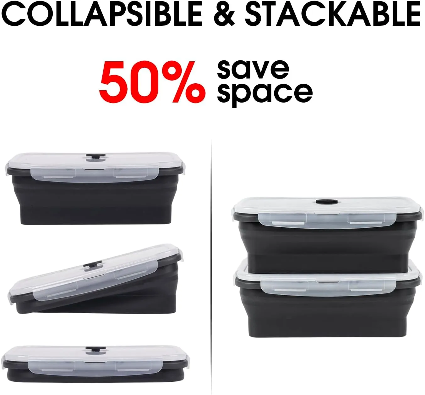 Collapsible Food Storage Containers with Lids, 4 Pack, 40 oz Silicone 1-Compartment Meal Prep Containers Reusable, Lunch Bento Boxes for Adults, Microwave Freezer Dishwasher Safe, BPA-Free, Black