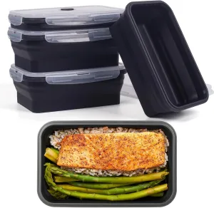 Collapsible Food Storage Containers with Lids, 4 Pack, 40 oz Silicone 1-Compartment Meal Prep Containers Reusable, Lunch Bento Boxes for Adults, Microwave Freezer Dishwasher Safe, BPA-Free, Black