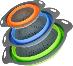 Collapsible Silicone Colander Set of 3 - Foldable Space-Saving Design for Camping, Baby Food & Small Kitchens | Dishwasher Safe, Easy Storage & Vegetables Strainer - Food Grade Silicone Colander