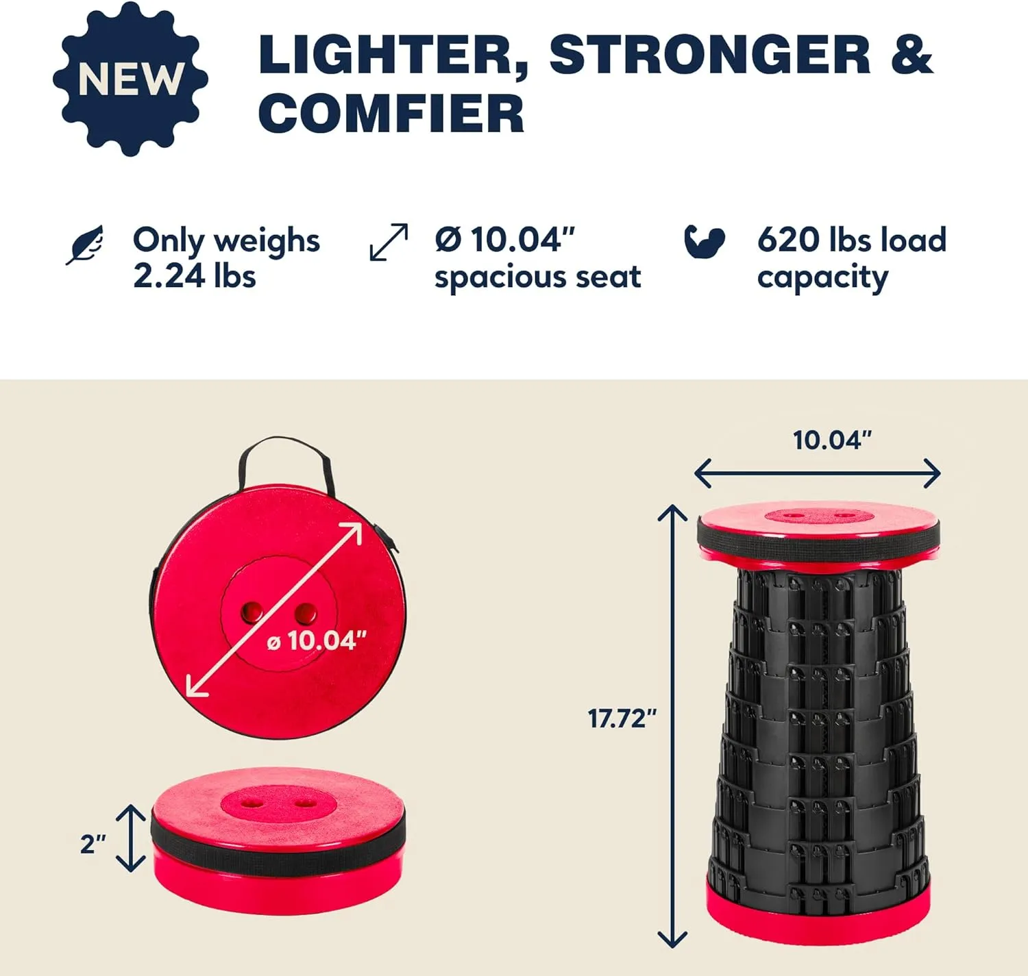 Collapsible Stool with Shoulder Strap, 620lbs Max Weight, Lightweight Yet Sturdy, Portable Retractable Foldable Telescoping Camping Stool for Adults Outdoor Fishing Hiking Travel BBQ