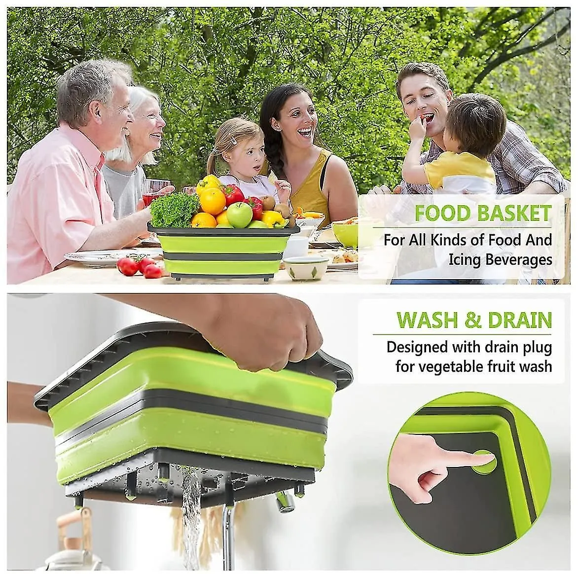 Collapsible Washing Up Bowl And Plastic Chopping Board With Drain Plug Foldable