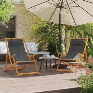 Comfortable Reclining Folding Beach Chairs, Durable Eucalyptus Frame, Portable Design, Set of 2, Gray Fabric