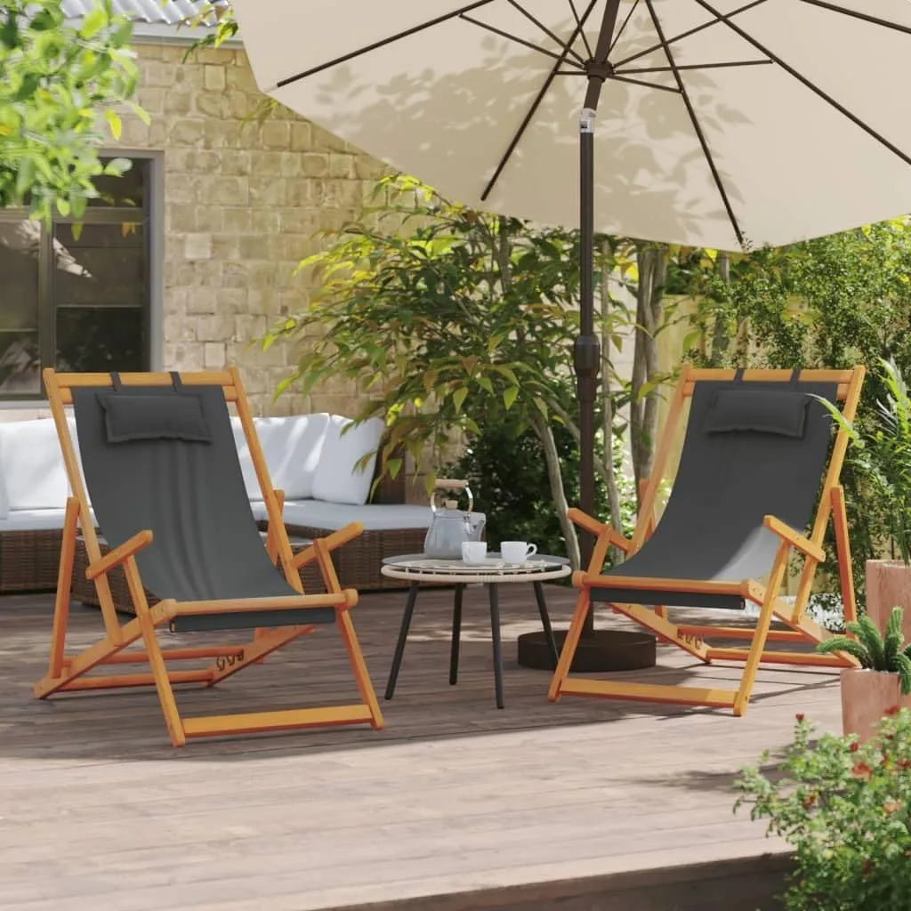 Comfortable Reclining Folding Beach Chairs, Durable Eucalyptus Frame, Portable Design, Set of 2, Gray Fabric