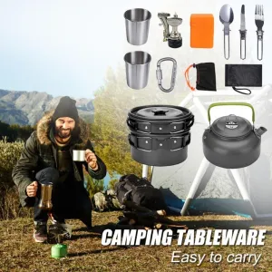 Compact Camping Cook Set: Stove, Pots, Kettle, Cups, Utensils & Convenient Storage Bag with Carabiner