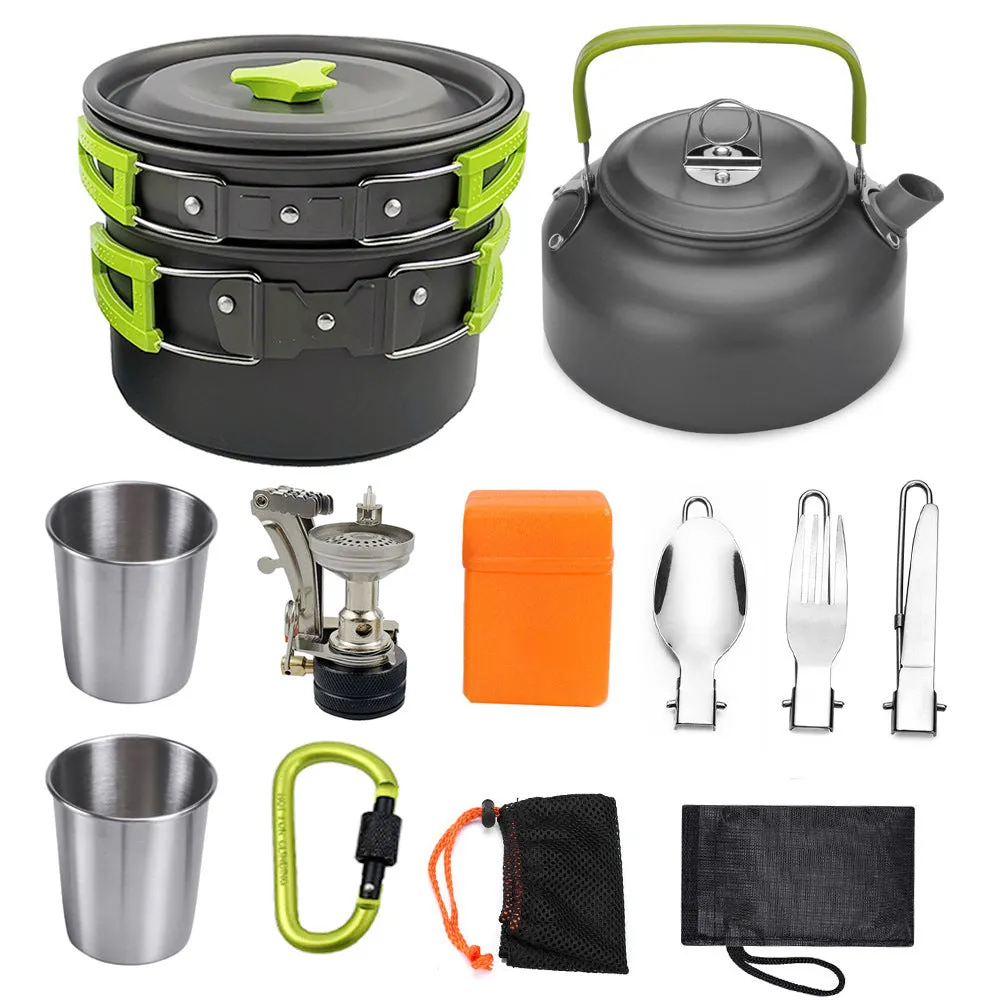 Compact Camping Cook Set: Stove, Pots, Kettle, Cups, Utensils & Convenient Storage Bag with Carabiner