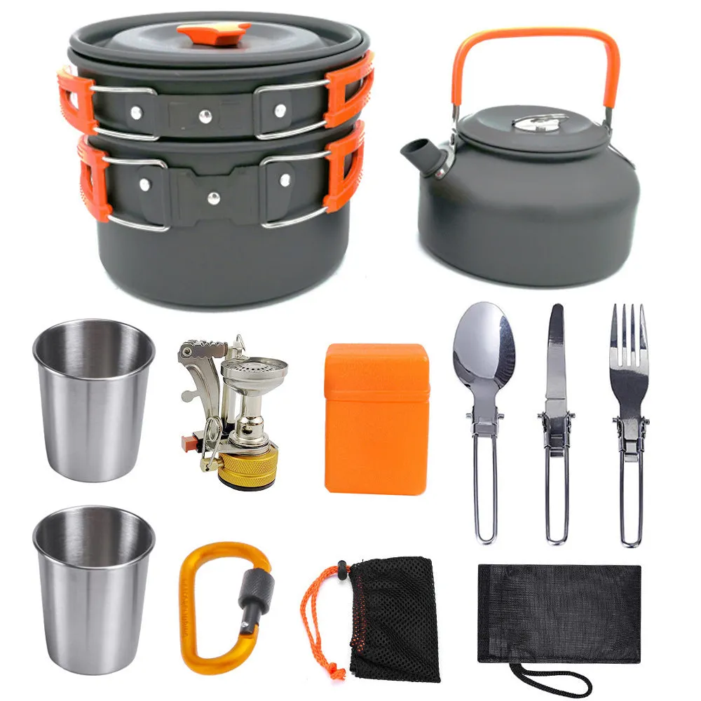 Compact Camping Cook Set: Stove, Pots, Kettle, Cups, Utensils & Convenient Storage Bag with Carabiner