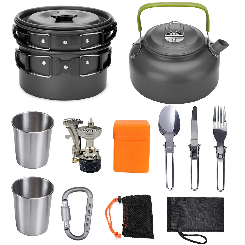 Compact Camping Cook Set: Stove, Pots, Kettle, Cups, Utensils & Convenient Storage Bag with Carabiner