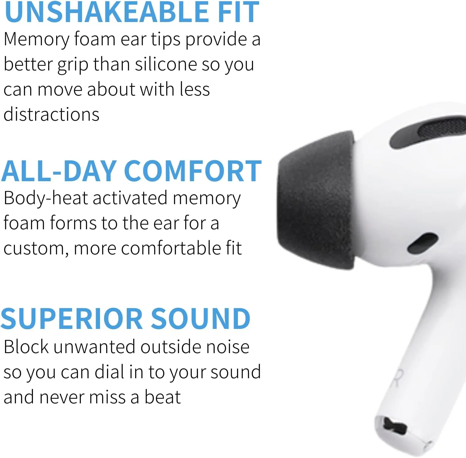 Comply Memory Foam Replacement Earbud Tips for Apple AirPods Pro 1 & 2 | Ultimate Comfort, Secure Fit, Superior Noise Isolation | Anti Slip, Prevent From Falling Out | Black, Medium (3 Pairs)