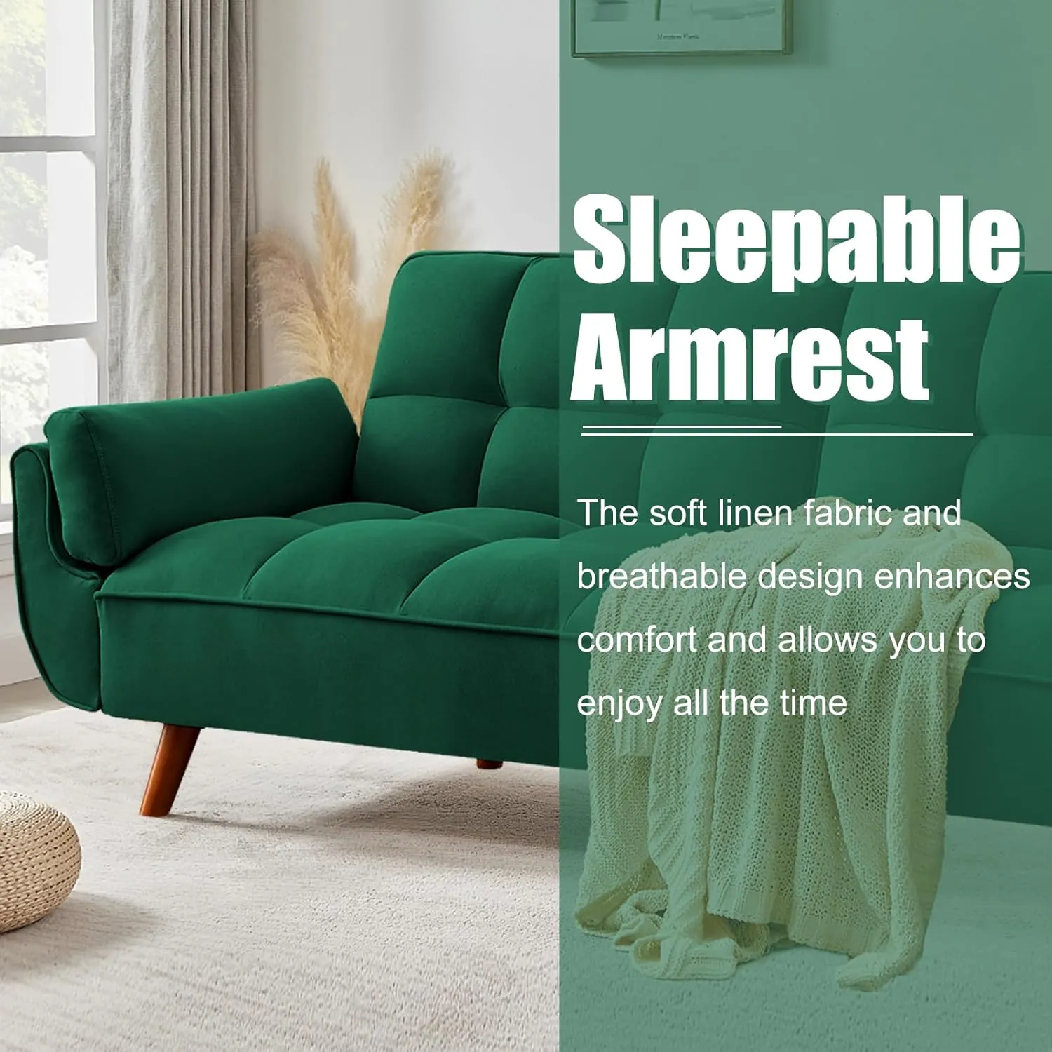 Convertible Futon Couch Bed, Sleeper Sofa Bed with Adjustable Backrests, Linen Loveseat Sofa 3 Seater Comfy Couch for Small Spaces, Living Room, Bedroom(Green, 75")