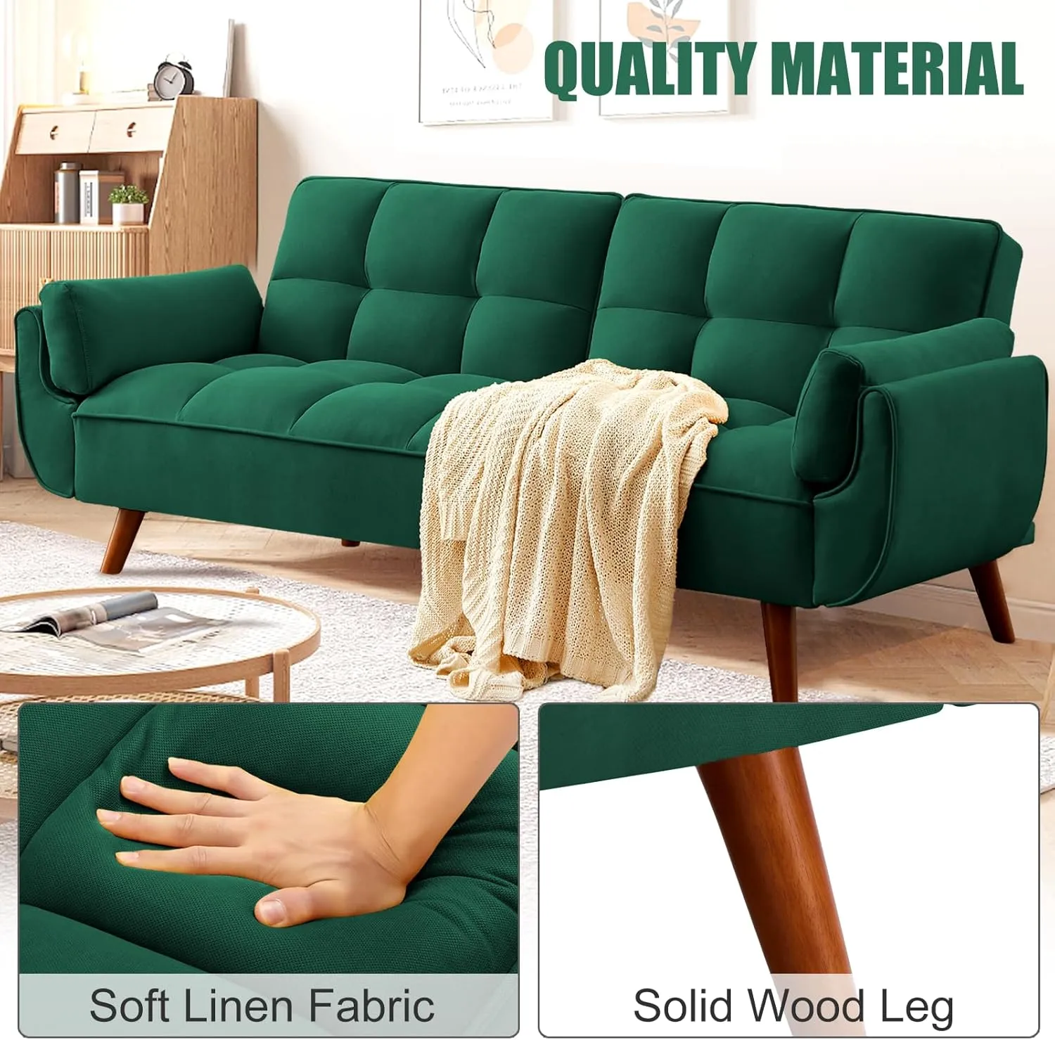 Convertible Futon Couch Bed, Sleeper Sofa Bed with Adjustable Backrests, Linen Loveseat Sofa 3 Seater Comfy Couch for Small Spaces, Living Room, Bedroom(Green, 75")