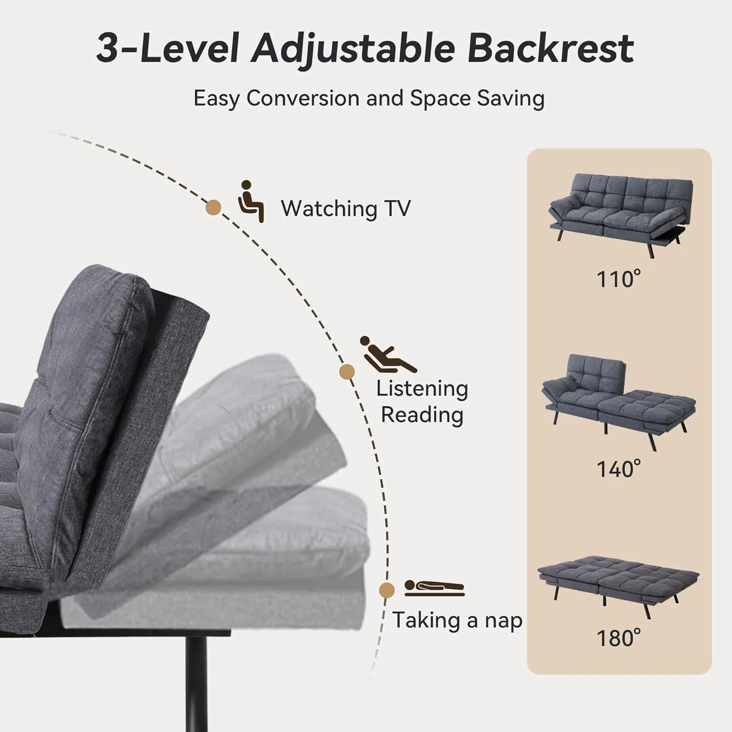 Convertible Futon Sofa Bed Couch,Linen Fabric Memory Foam Futon Couch,Loveseat Sleeper Sofa Bed,Small Splitback Modern Sofa Couch for Living Room,Office,Apartment,Gray