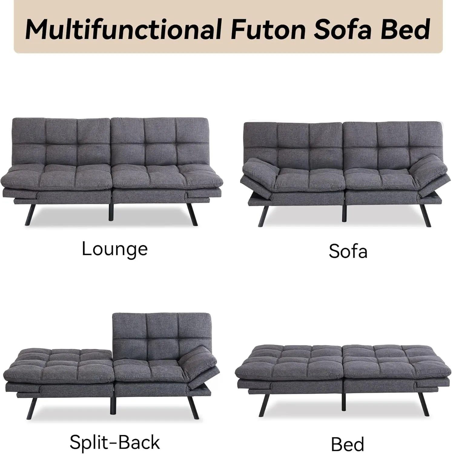 Convertible Futon Sofa Bed Couch,Linen Fabric Memory Foam Futon Couch,Loveseat Sleeper Sofa Bed,Small Splitback Modern Sofa Couch for Living Room,Office,Apartment,Gray