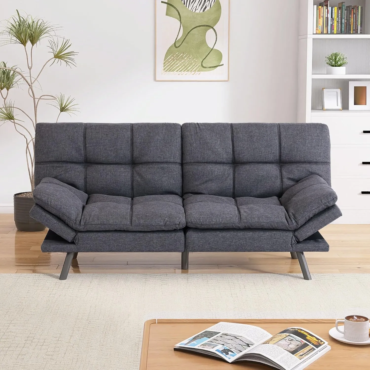 Convertible Futon Sofa Bed Couch,Linen Fabric Memory Foam Futon Couch,Loveseat Sleeper Sofa Bed,Small Splitback Modern Sofa Couch for Living Room,Office,Apartment,Gray