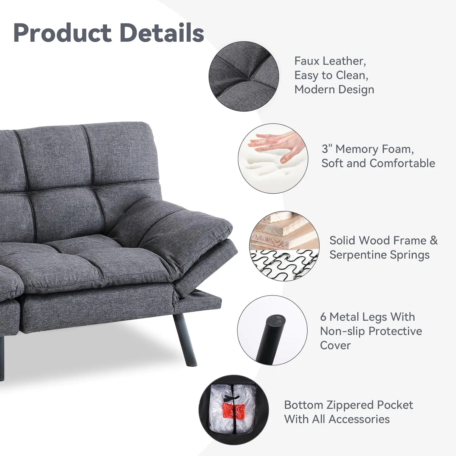 Convertible Futon Sofa Bed Couch,Linen Fabric Memory Foam Futon Couch,Loveseat Sleeper Sofa Bed,Small Splitback Modern Sofa Couch for Living Room,Office,Apartment,Gray