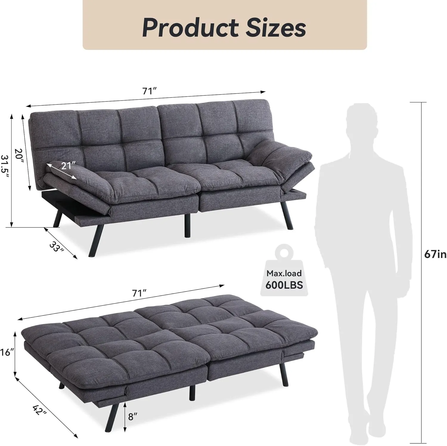 Convertible Futon Sofa Bed Couch,Linen Fabric Memory Foam Futon Couch,Loveseat Sleeper Sofa Bed,Small Splitback Modern Sofa Couch for Living Room,Office,Apartment,Gray
