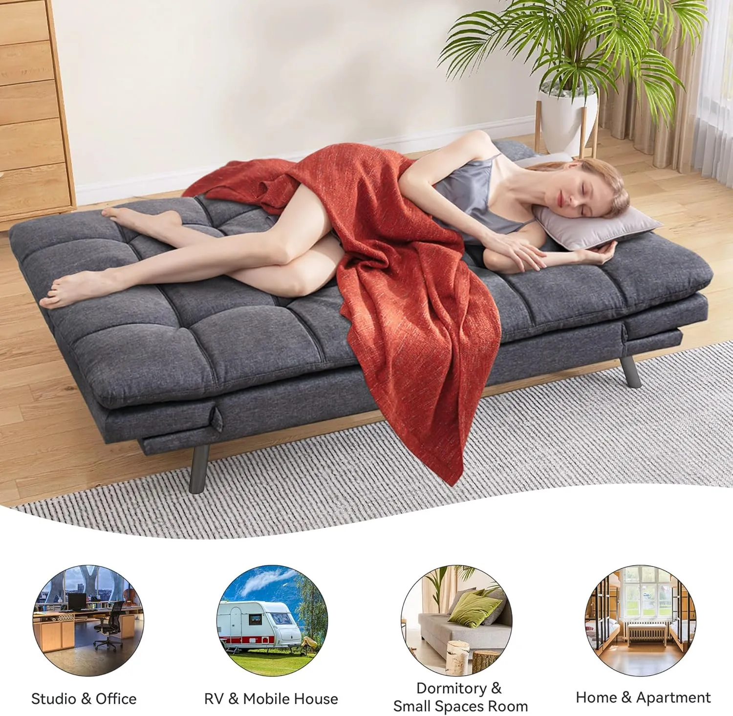 Convertible Futon Sofa Bed Couch,Linen Fabric Memory Foam Futon Couch,Loveseat Sleeper Sofa Bed,Small Splitback Modern Sofa Couch for Living Room,Office,Apartment,Gray
