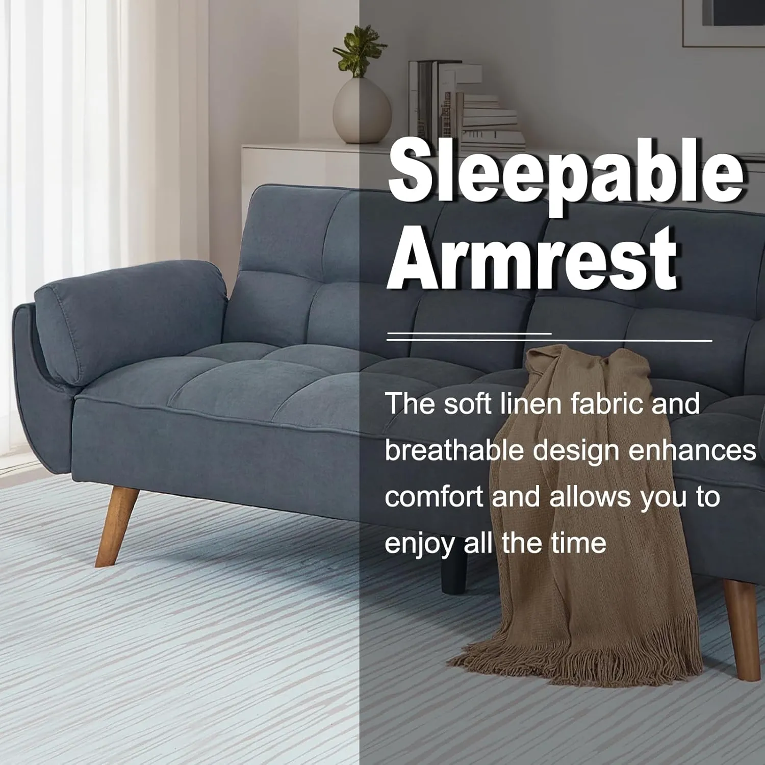 Convertible Futon Sofa Bed, Sleeper Sofa Bed with Adjustable Backrests, Linen Loveseat Sofa Small Couches for Small Spaces, Living Room, Bedroom (Dark Gray)
