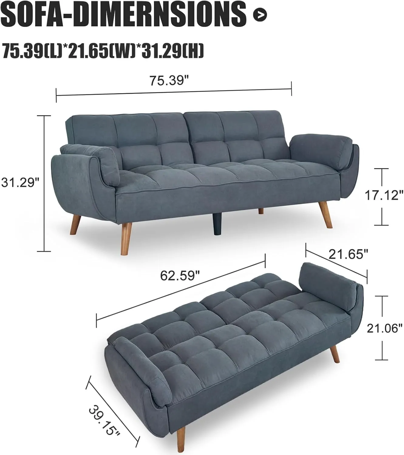 Convertible Futon Sofa Bed, Sleeper Sofa Bed with Adjustable Backrests, Linen Loveseat Sofa Small Couches for Small Spaces, Living Room, Bedroom (Dark Gray)