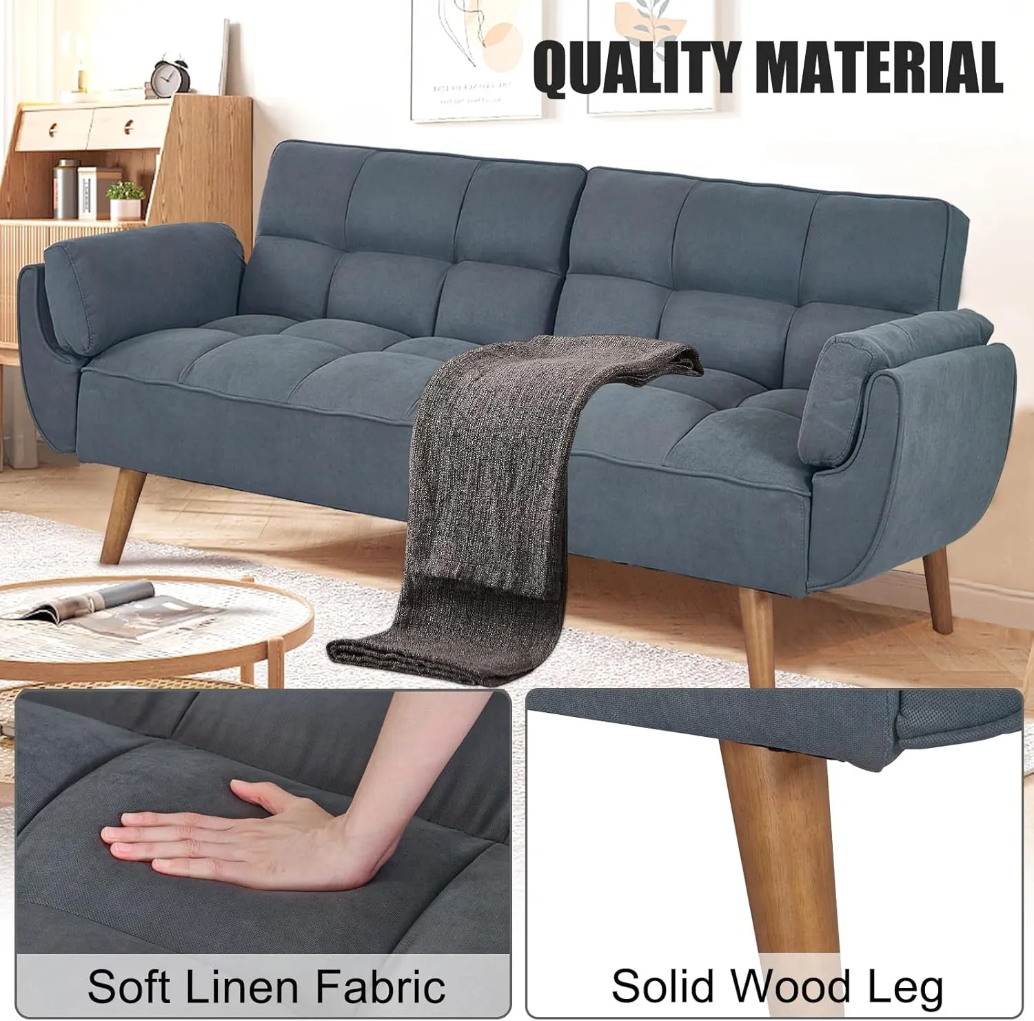 Convertible Futon Sofa Bed, Sleeper Sofa Bed with Adjustable Backrests, Linen Loveseat Sofa Small Couches for Small Spaces, Living Room, Bedroom (Dark Gray)
