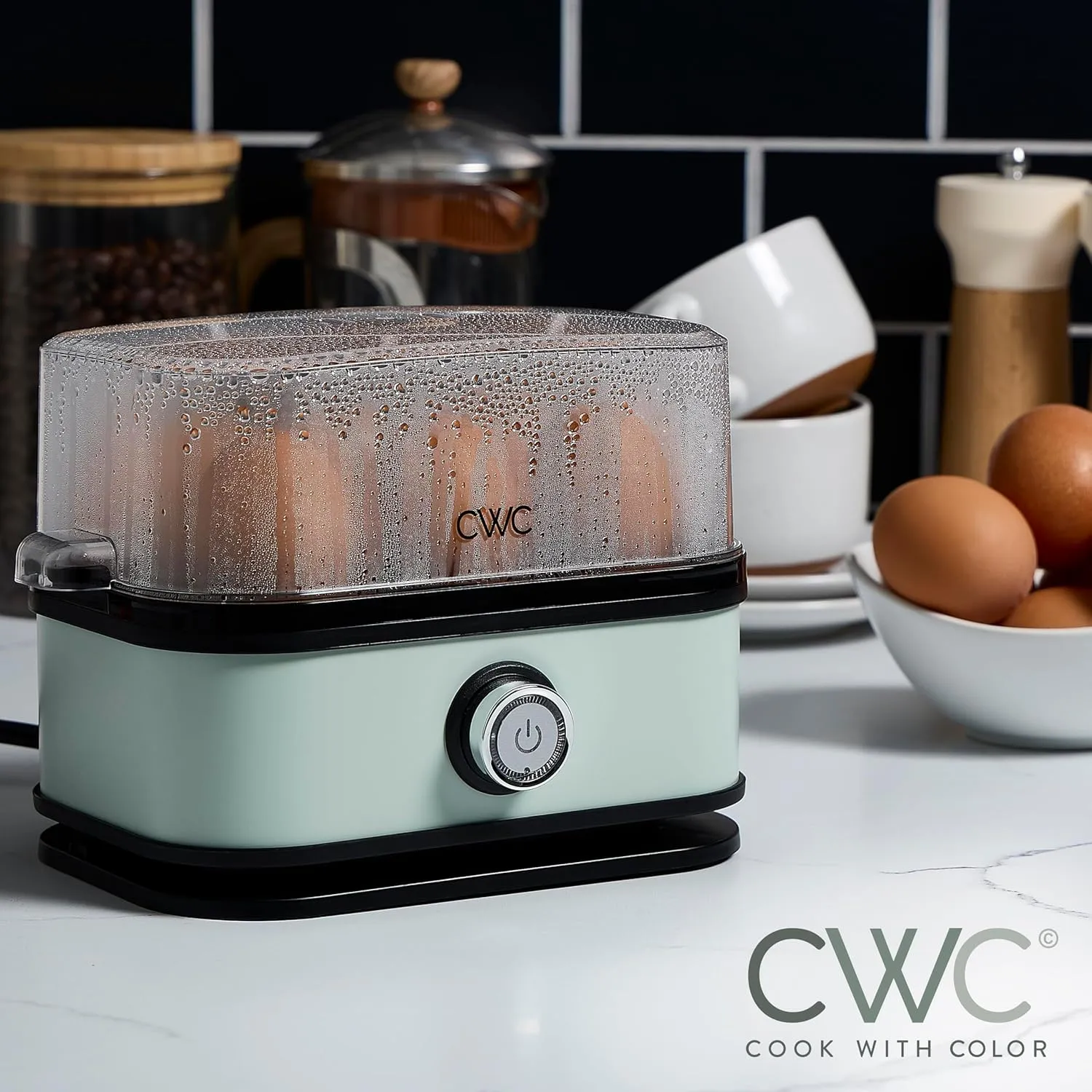 COOK WITH COLOR: 210 Watt Egg Cooker - 6 Egg Capacity, Rapid Cook Time, Automatic Shut Off Boil-Dry Protection, with Tray, Measuring Cup, and Lid, Sage
