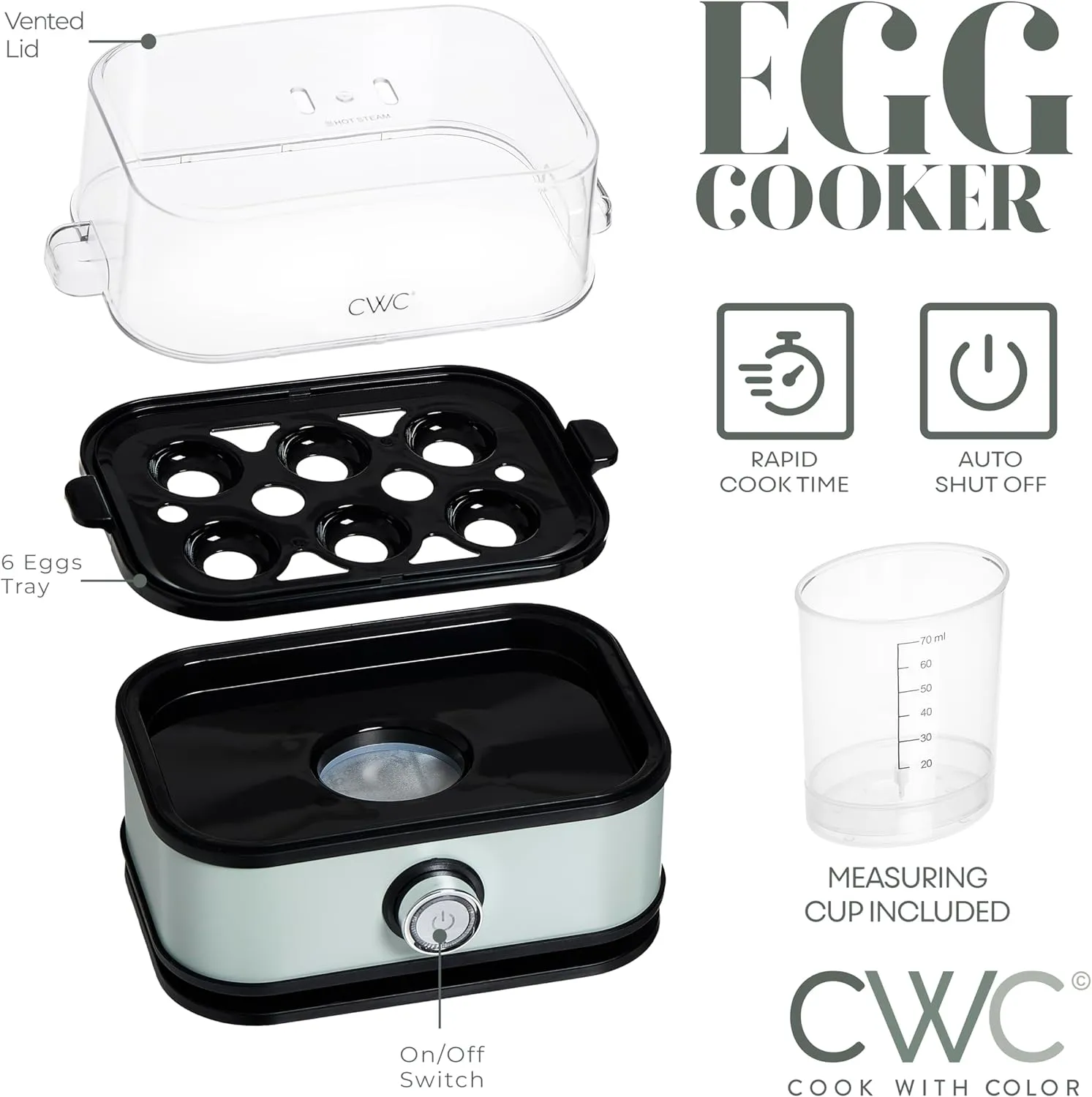 COOK WITH COLOR: 210 Watt Egg Cooker - 6 Egg Capacity, Rapid Cook Time, Automatic Shut Off Boil-Dry Protection, with Tray, Measuring Cup, and Lid, Sage