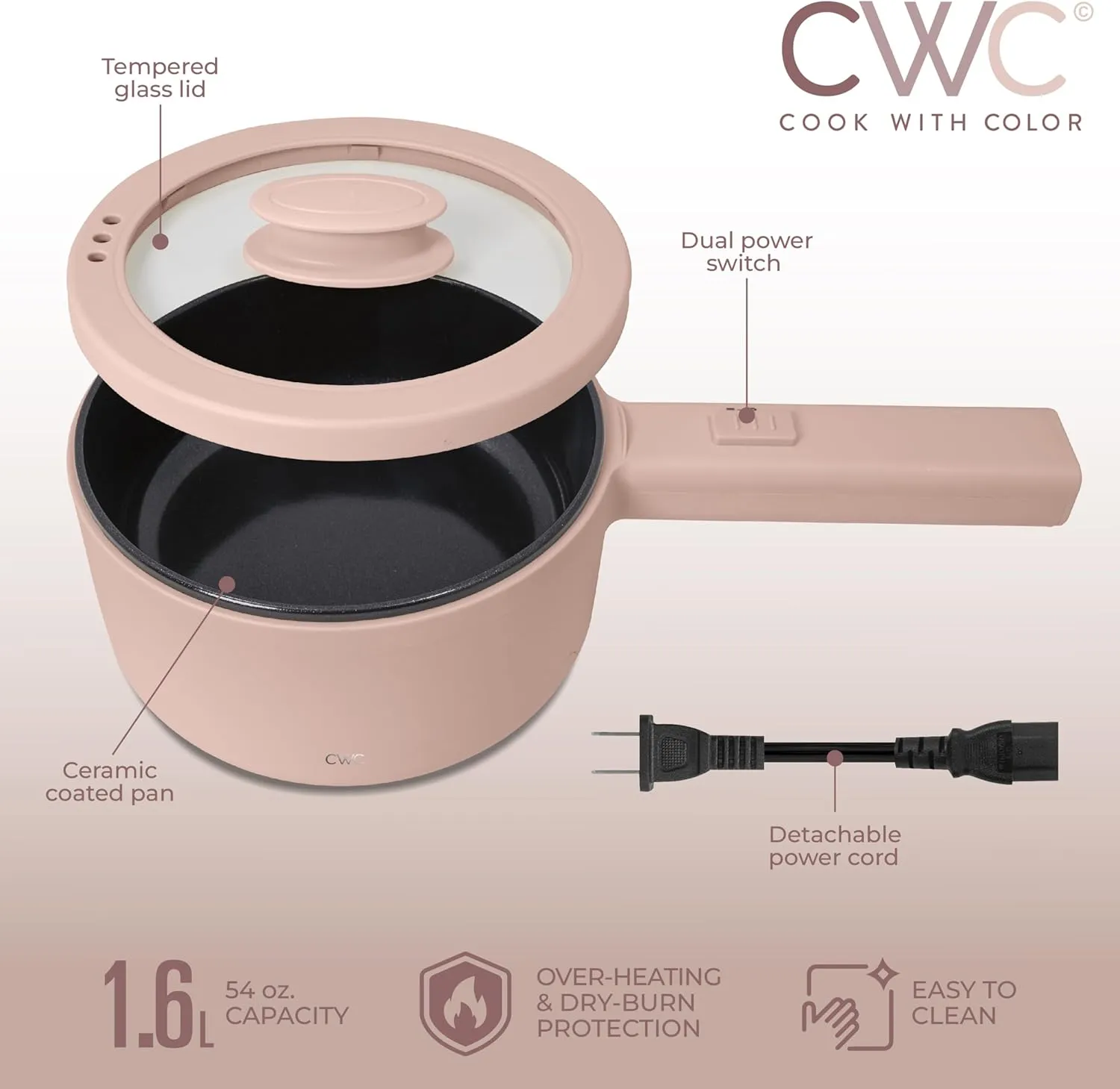 COOK WITH COLOR Electric Hot Pot, 1.6L Mini Cooker, 700W Power, Non-Stick Surface, Thermal Cut-Out Protection, Perfect for Rice, Noodles, Soups, Stews, Dorms, Apartments, & Small Kitchens, Dusty Rose