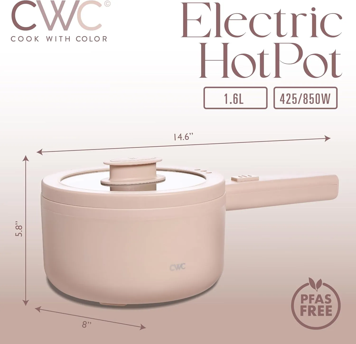 COOK WITH COLOR Electric Hot Pot, 1.6L Mini Cooker, 700W Power, Non-Stick Surface, Thermal Cut-Out Protection, Perfect for Rice, Noodles, Soups, Stews, Dorms, Apartments, & Small Kitchens, Dusty Rose