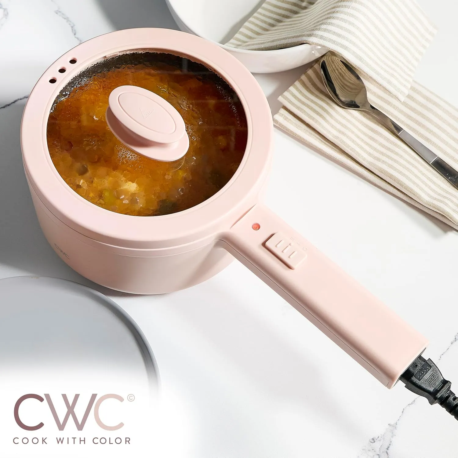 COOK WITH COLOR Electric Hot Pot, 1.6L Mini Cooker, 700W Power, Non-Stick Surface, Thermal Cut-Out Protection, Perfect for Rice, Noodles, Soups, Stews, Dorms, Apartments, & Small Kitchens, Dusty Rose