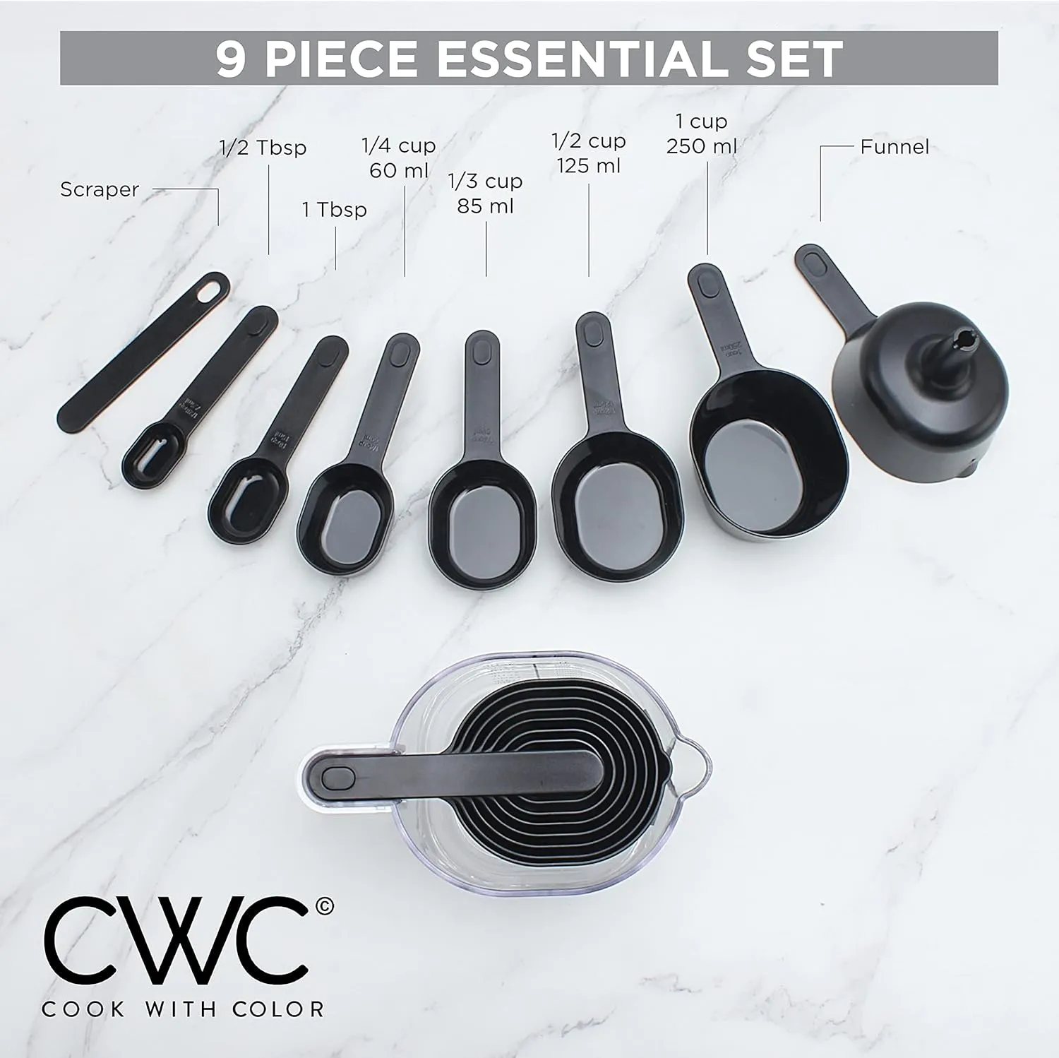 COOK WITH COLOR Measuring Cup Set - 9 PC. Nesting Stackable Liquid Measure Cup, Dry Measuring Cups and Spoons with Funnel and Scraper (Black)