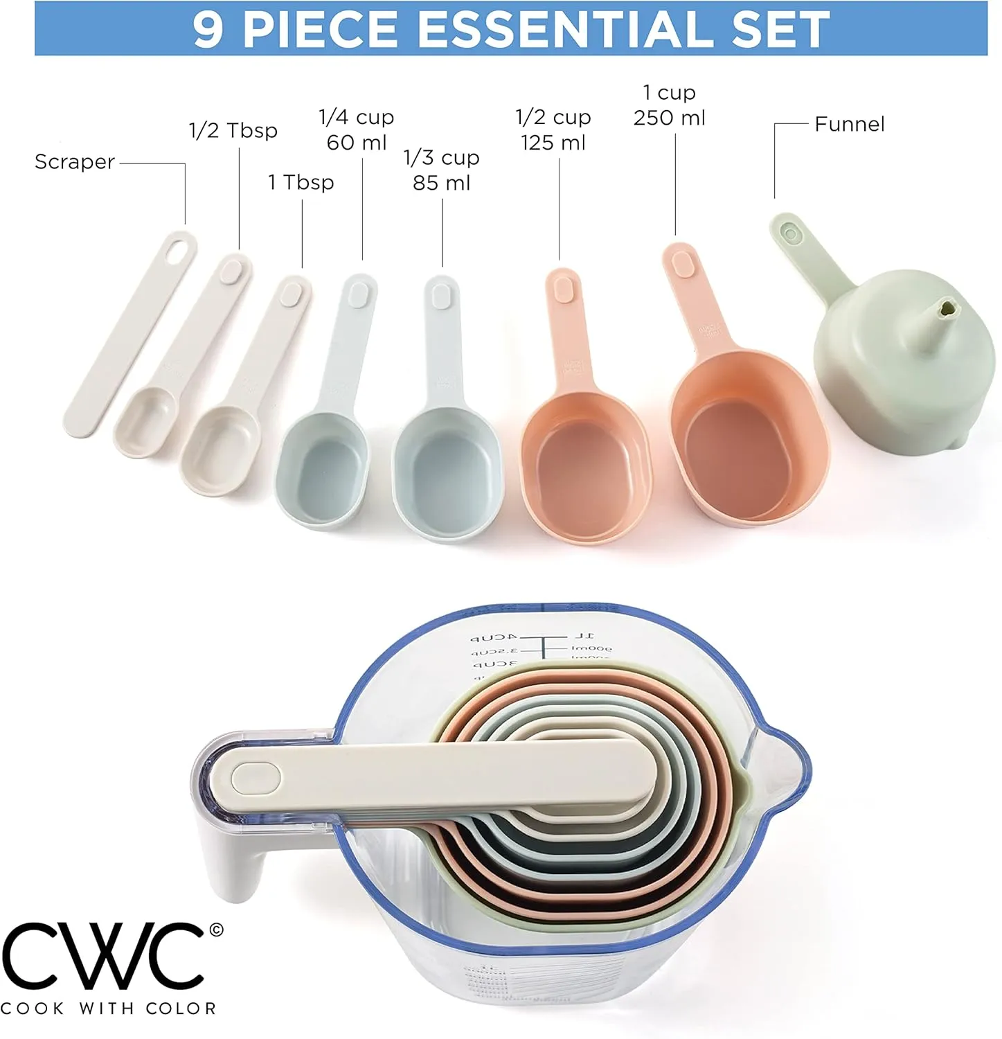 COOK WITH COLOR Measuring Cup Set - 9 PC. Nesting Stackable Liquid Measure Cup, Dry Measuring Cups and Spoons with Funnel and Scraper (Pastel)